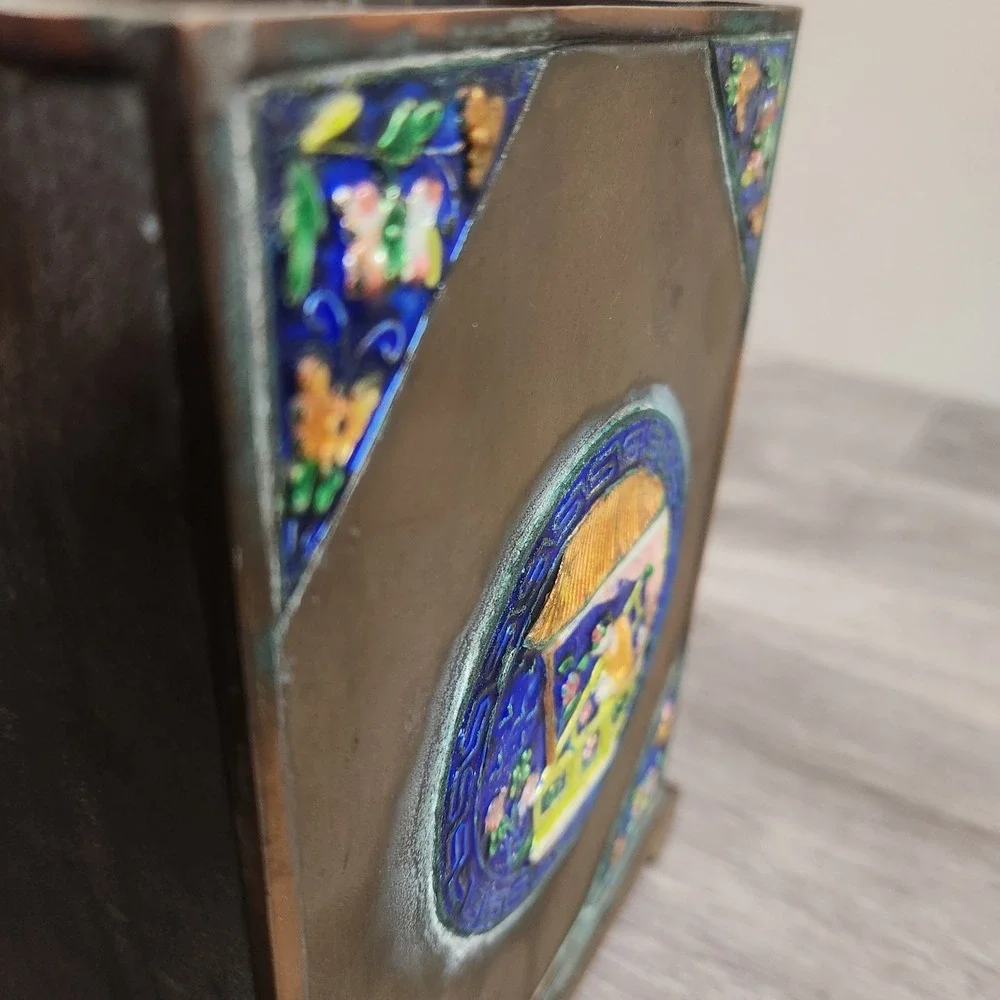 Antique Chinese Cloisonne Enamel Brass Brush Pot‎ Vase Figure Scene Butterfly